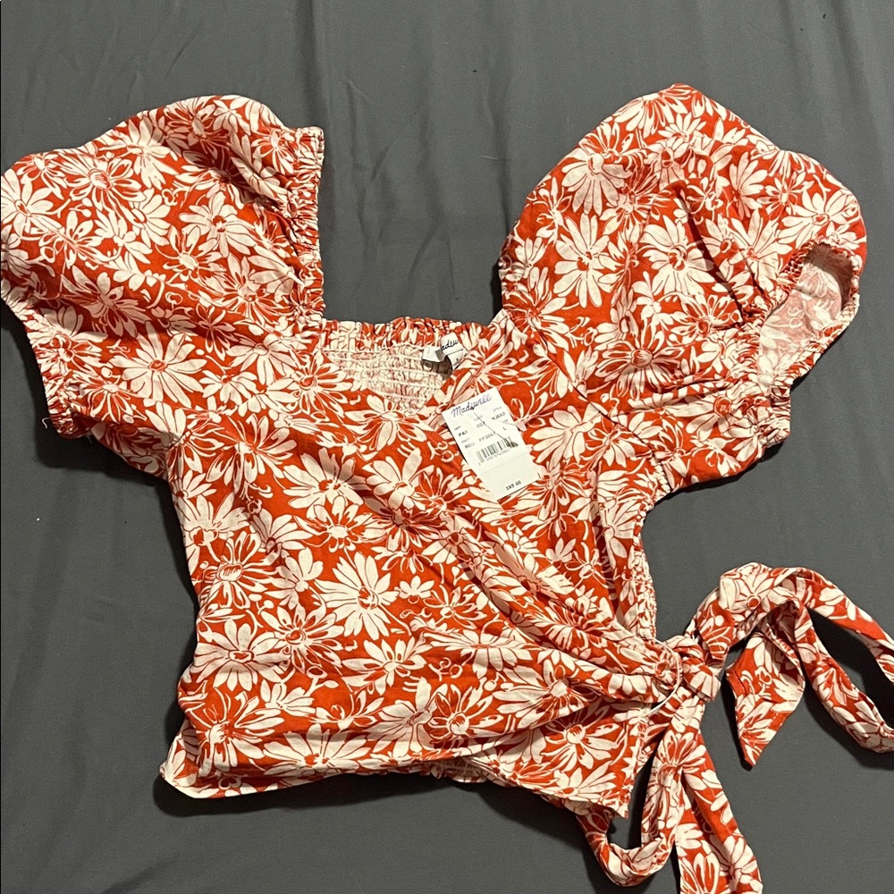 Madewell Rust and White Floral Wrap Crop Top
